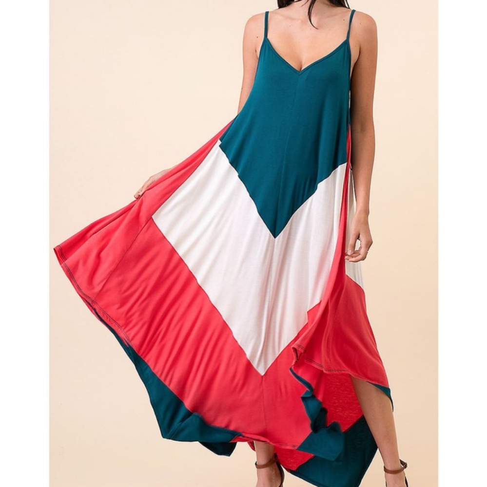 Teal & Coral Chevron Colorblock Maxi Dress